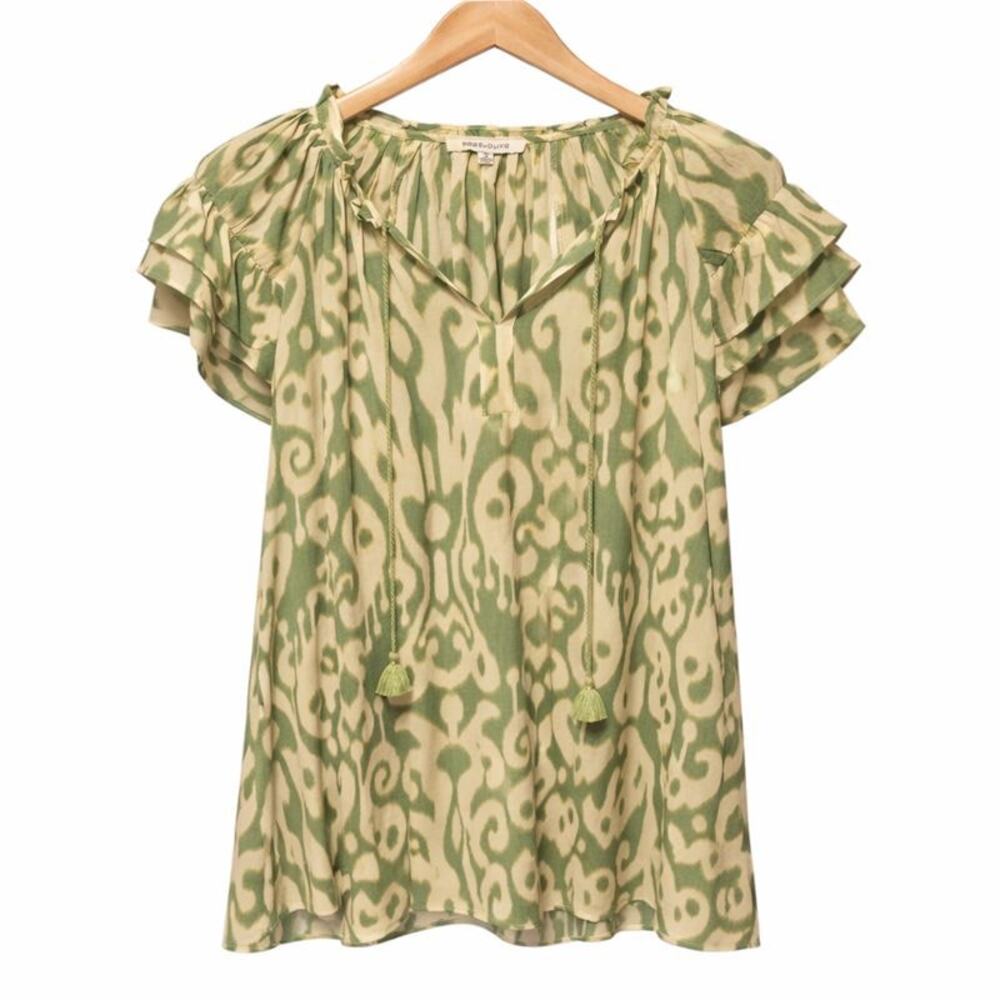 Rose + Olive Plus Size 1X Blouse Womens Green Ruffle Tassels Eclectic Artsy Boho